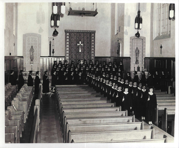 Choral group leaving Cor Jesu Chapel in procession